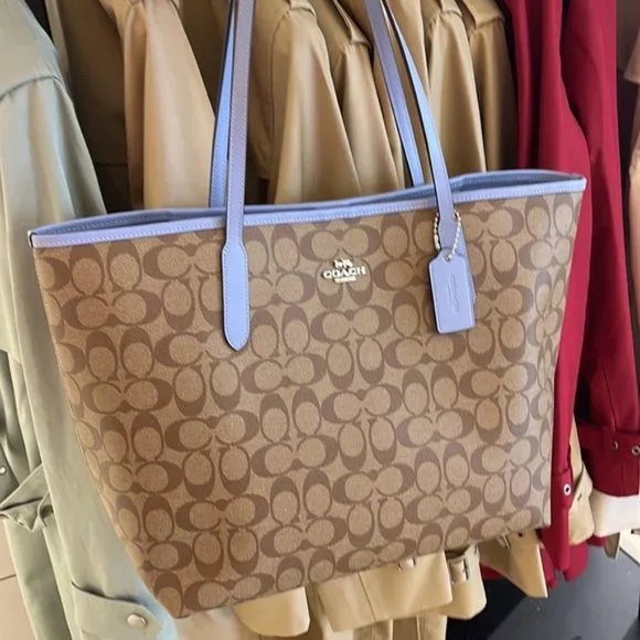 Coach 5696 City Tote In Signature Canvas In Khaki/Marble Blue - Picture 16 of 16